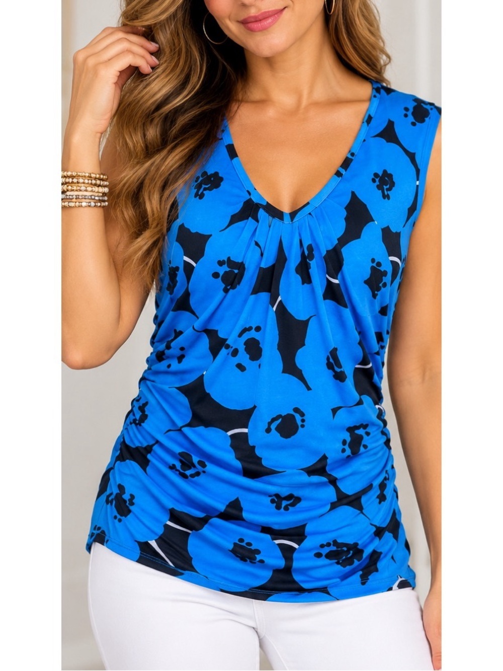 New York & Company Blue & Black Floral Sleeveless Ruched Top- Small